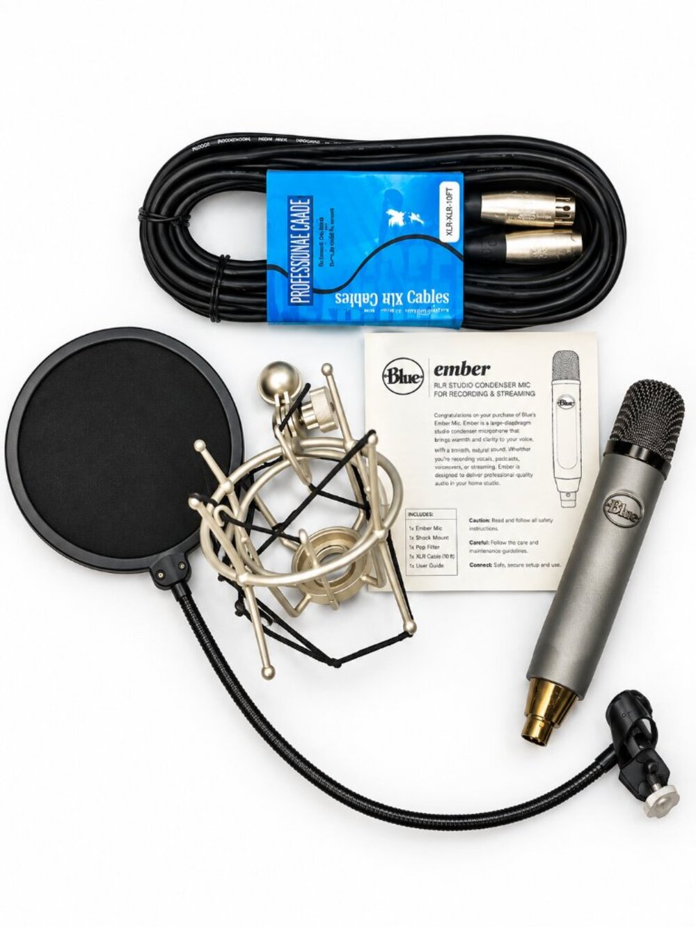LNC Blue Ember Microphone Lot Professional Mic Cord, Pop Filter and Shock Mount